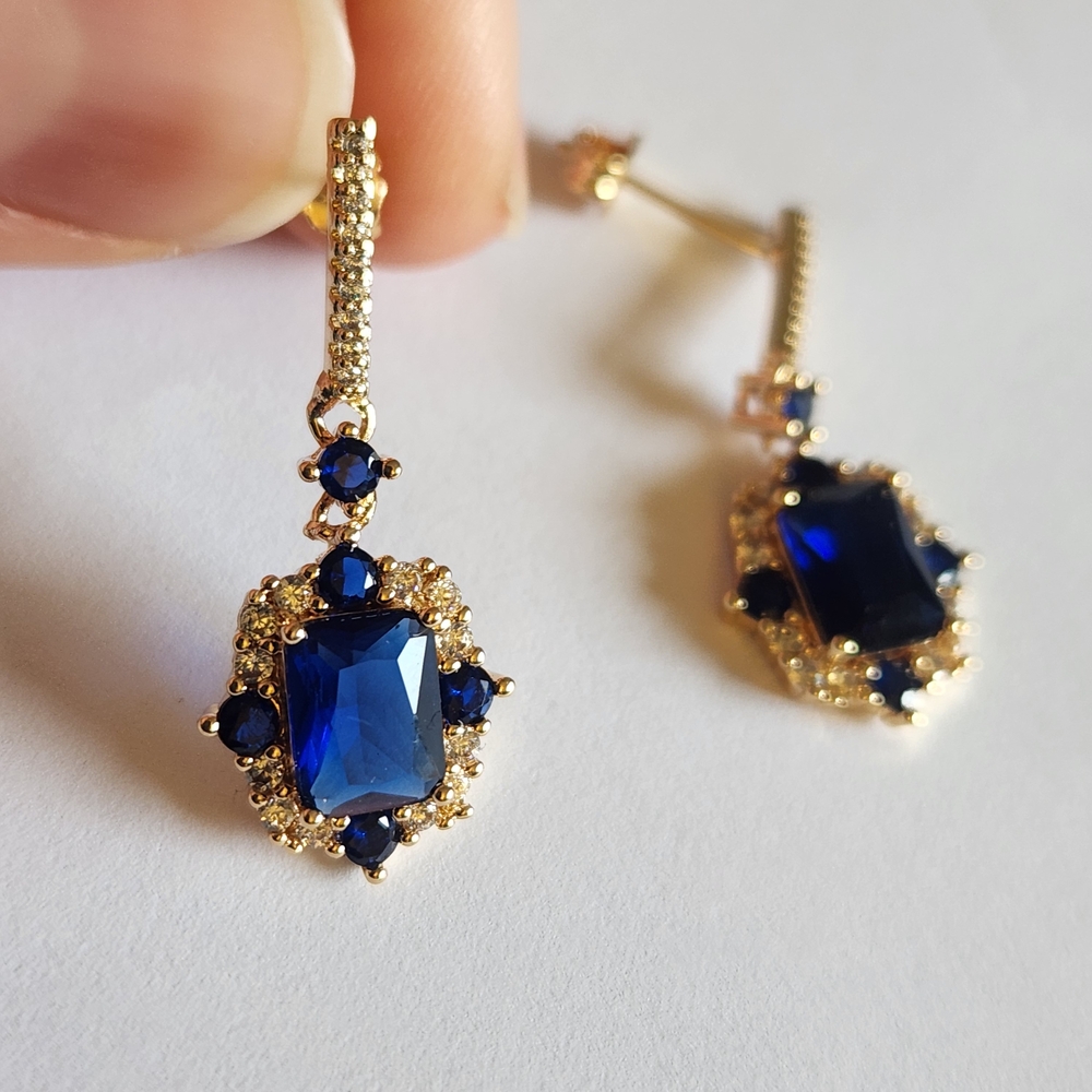 New 18K Gold Plated Emerald Cut Blue Sapphire Diamond Dangle Drop Stud Earrings